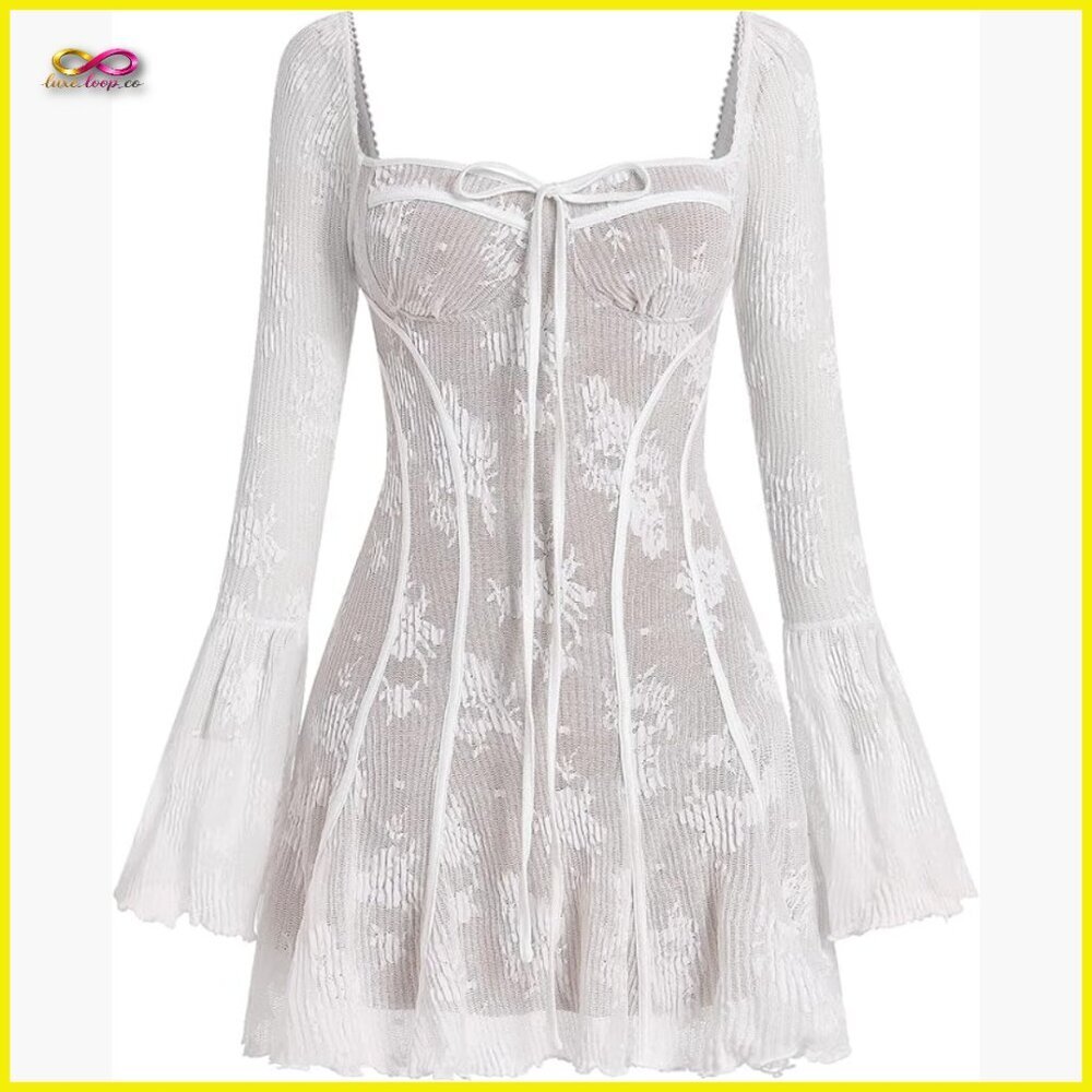 Vintage Y2K Corset Mini Dress Long Sleeve Lace Ruffle Party Elegant‎